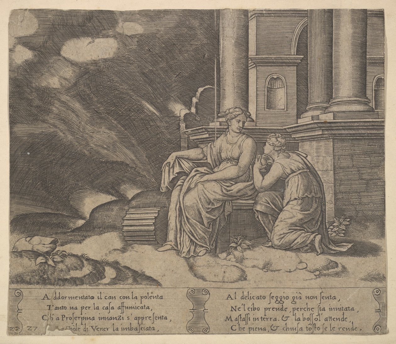 Ilustracja 27: Proserpina daje Psyche pudełko piękna z „Bajki o Kupidyna i Psyche”, 1530-60. autorstwa Master of the Die