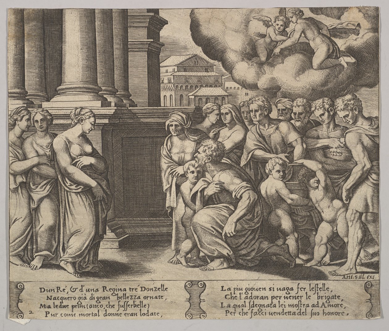 Ilustracja 2: ludzie oddający boskie honory Psyche, z „Bajki o Psyche”, 1530-60. autorstwa Master of the Die