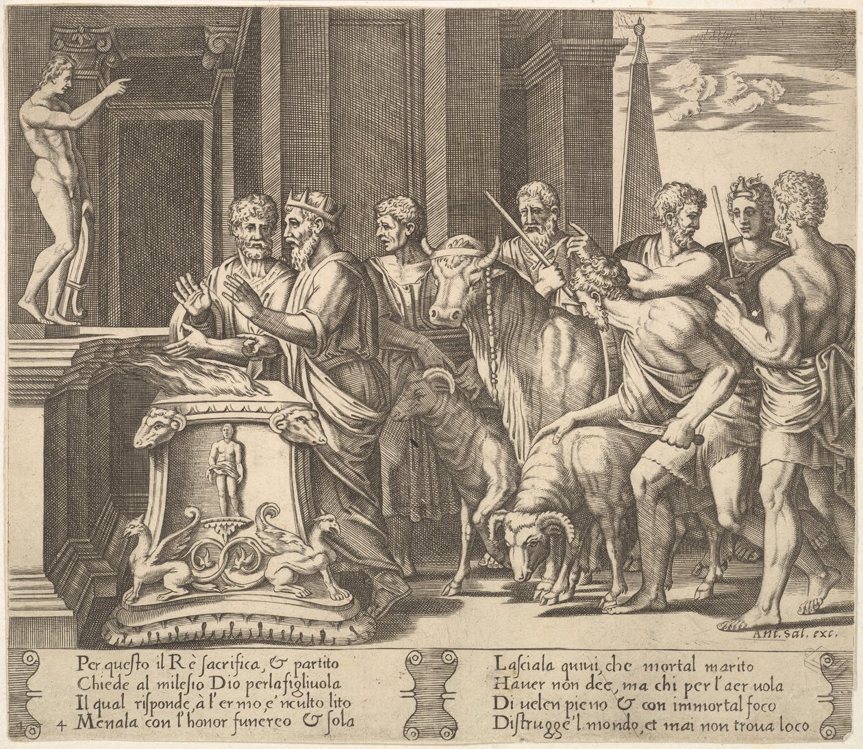 Ilustracja 4: Ojciec Psyche konsultujący się z wyrocznią, z „Bajki o Psyche”, 1530-60. autorstwa Master of the Die