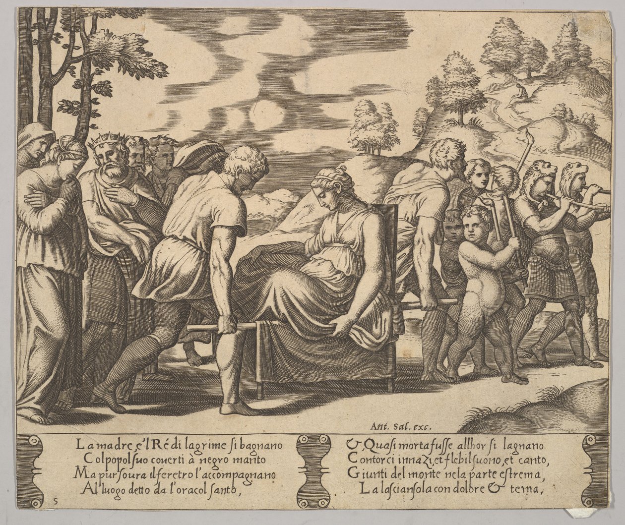 Płyta 5: Psyche niesiona na lektyce na górę, z „Bajki o Psyche”, 1530-60. autorstwa Master of the Die