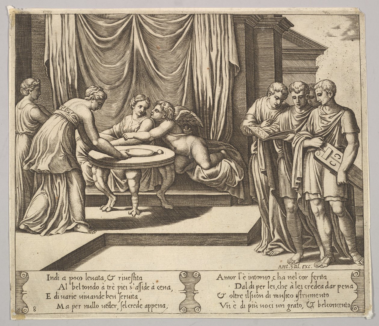 Obrazek 8: Psyche siedząca przy stole w towarzystwie niewidzialnych sług, Eros obok g..., 1530-60. autorstwa Master of the Die
