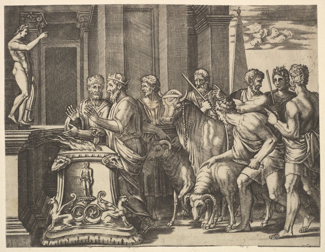 Ojciec Psyche konsultujący się z wyrocznią, z „Bajki o Psyche”, 1530-60. autorstwa Master of the Die