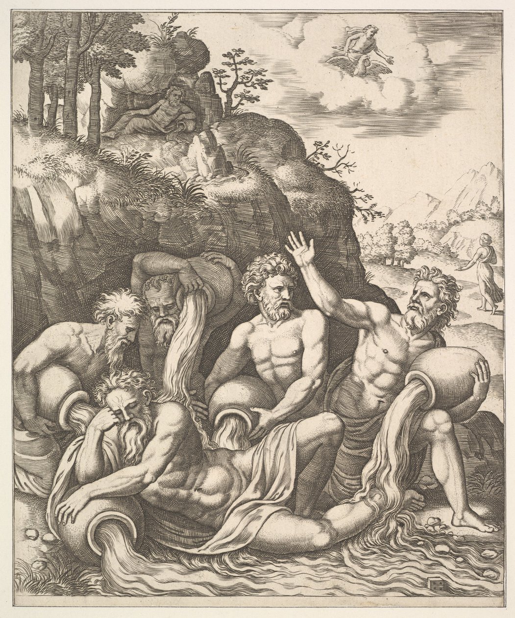 Bogowie rzeki pocieszają Peneusza za utratę córki, Daphne z „The Story of Apo…, 1530-60”. autorstwa Master of the Die