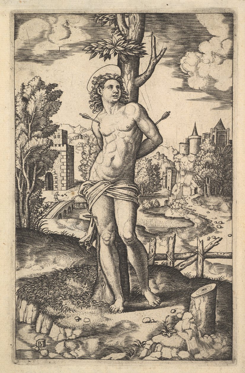 Św. Sebastian przywiązany do drzewa przebitego strzałami, 1530-60. autorstwa Master of the Die