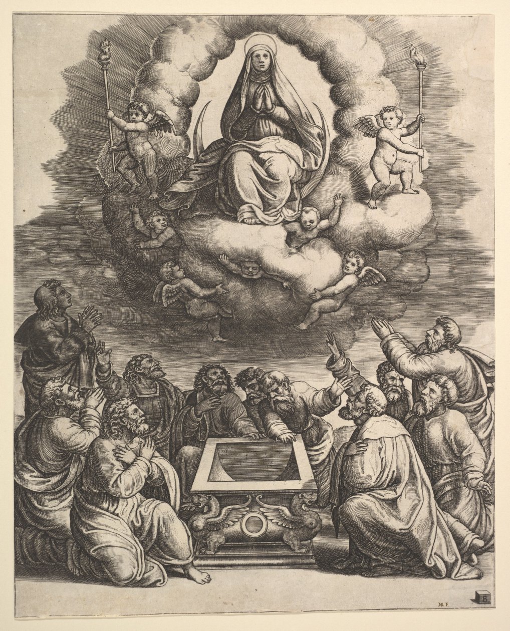 Wniebowzięcie Najświętszej Marii Panny, poniżej apostołów otacza grób, 1530-60. autorstwa Master of the Die