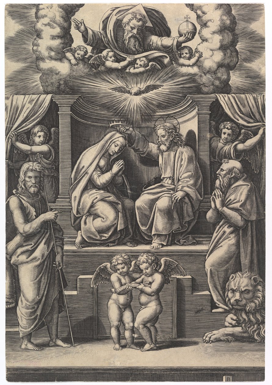 Koronacja Najświętszej Marii Panny, na dole po lewej stronie św. Jan Chrzciciel, na dole po prawej..., 1530-60. autorstwa Master of the Die