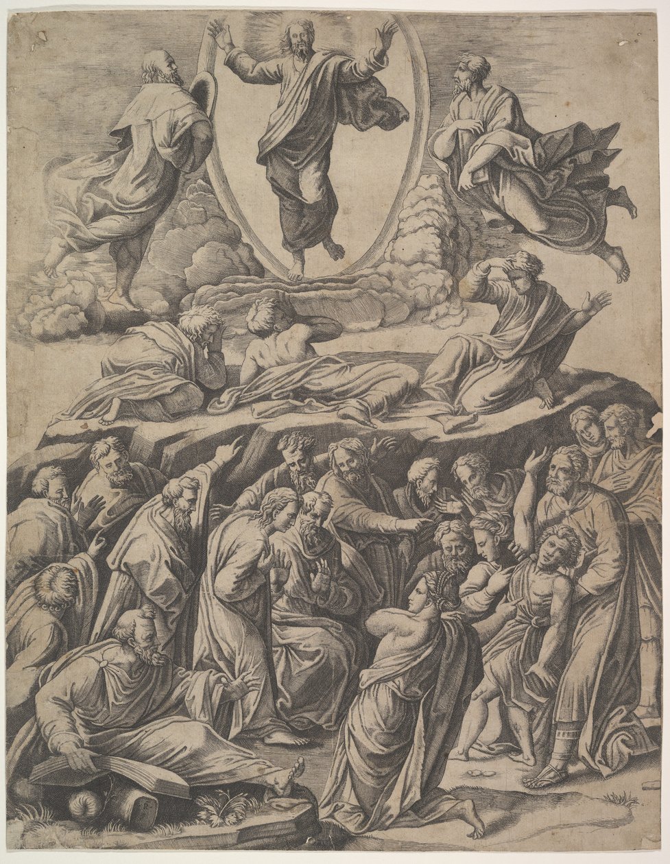 Przemienienie Chrystusa, które pojawia się na górze pośrodku, pod nim różne postacie m.in., 1530-60. autorstwa Master of the Die