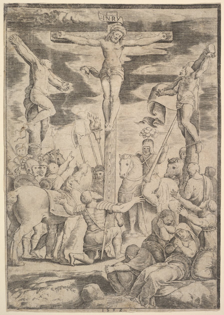 Nawrócenie setnika, który otwiera ramiona przed Chrystusem na krzyżu, 1532. autorstwa Master of the Die