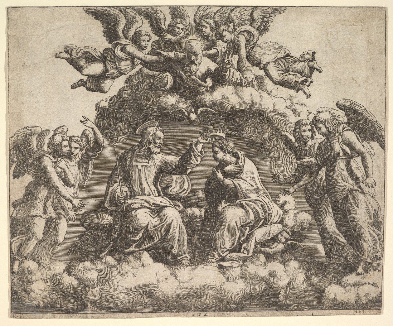Koronacja Dziewicy, Chrystus trzymający koronę nad głową, Bóg Ojciec błogosławi..., 1532. autorstwa Master of the Die