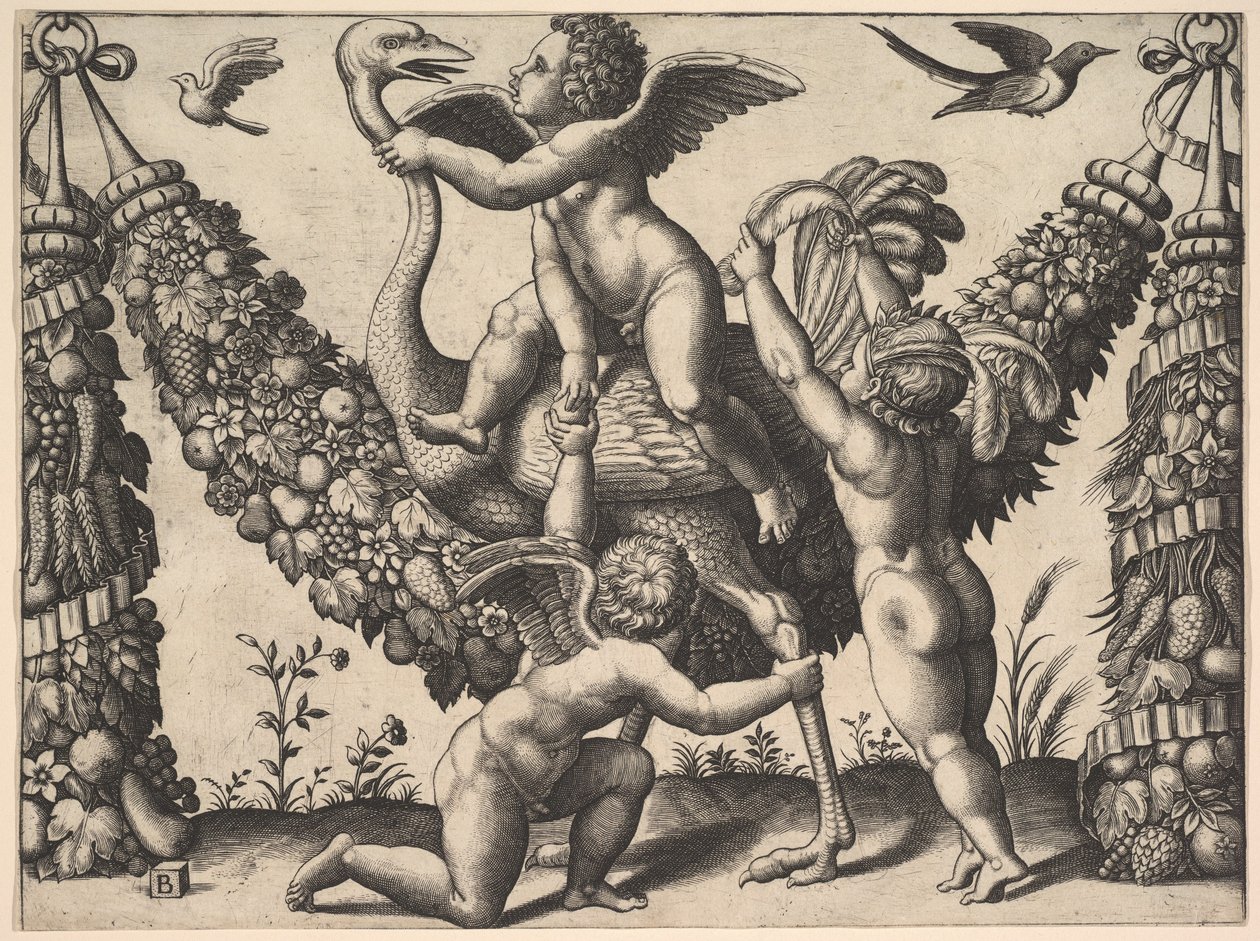 Trzy putta przed dużą girlandą, w środku dosiada strusia, z..., ca. 1530-40. autorstwa Master of the Die