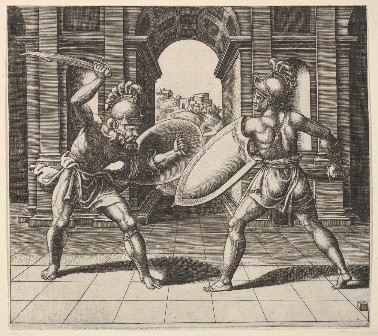 Dwóch gladiatorów walczących przed łukiem, 1530-60. autorstwa Master of the Die