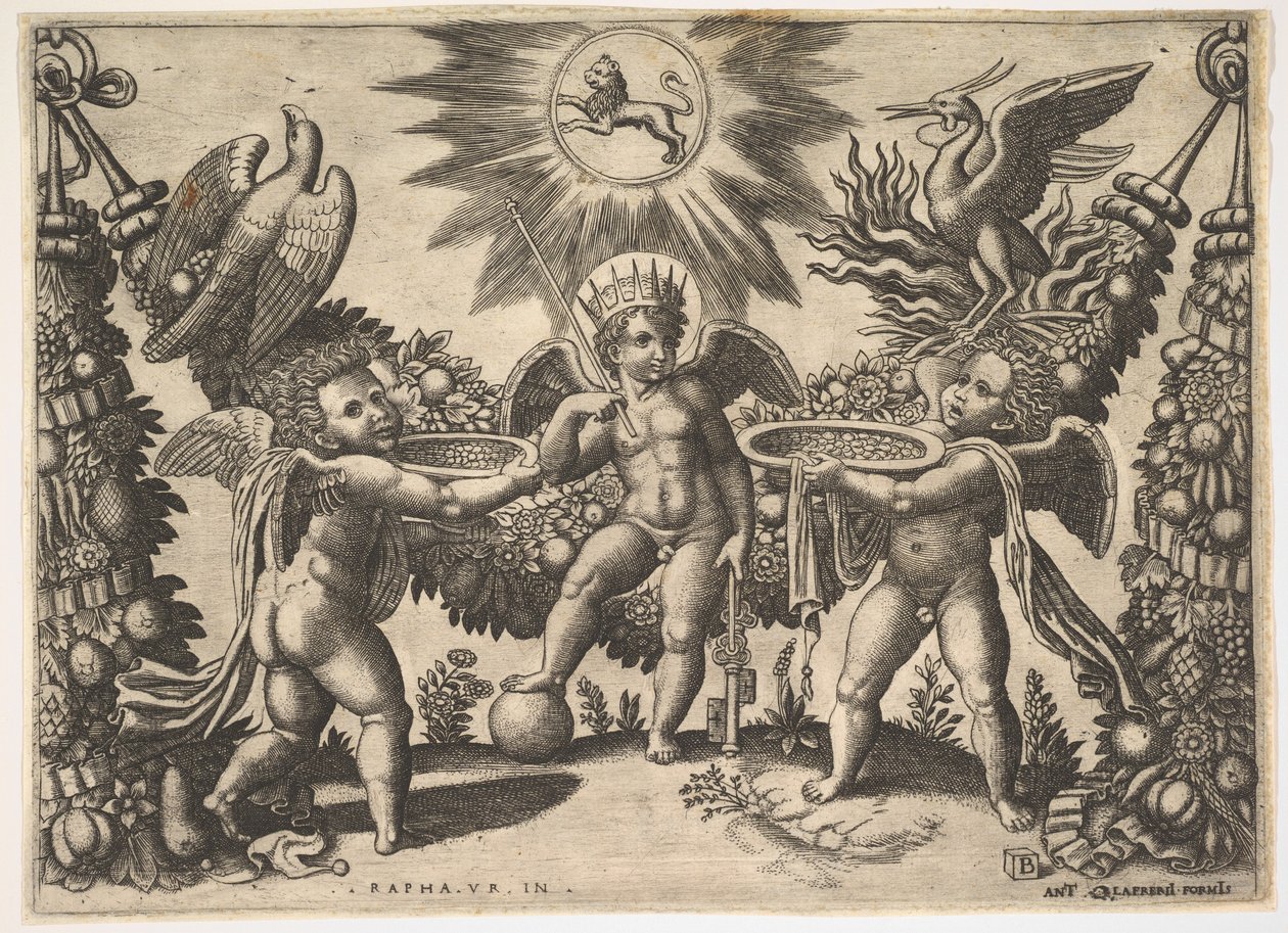 Dwa putta przedstawiające kubki pełne złota do putta w przebraniu boga bogactwa..., ca. 1530-40. autorstwa Master of the Die