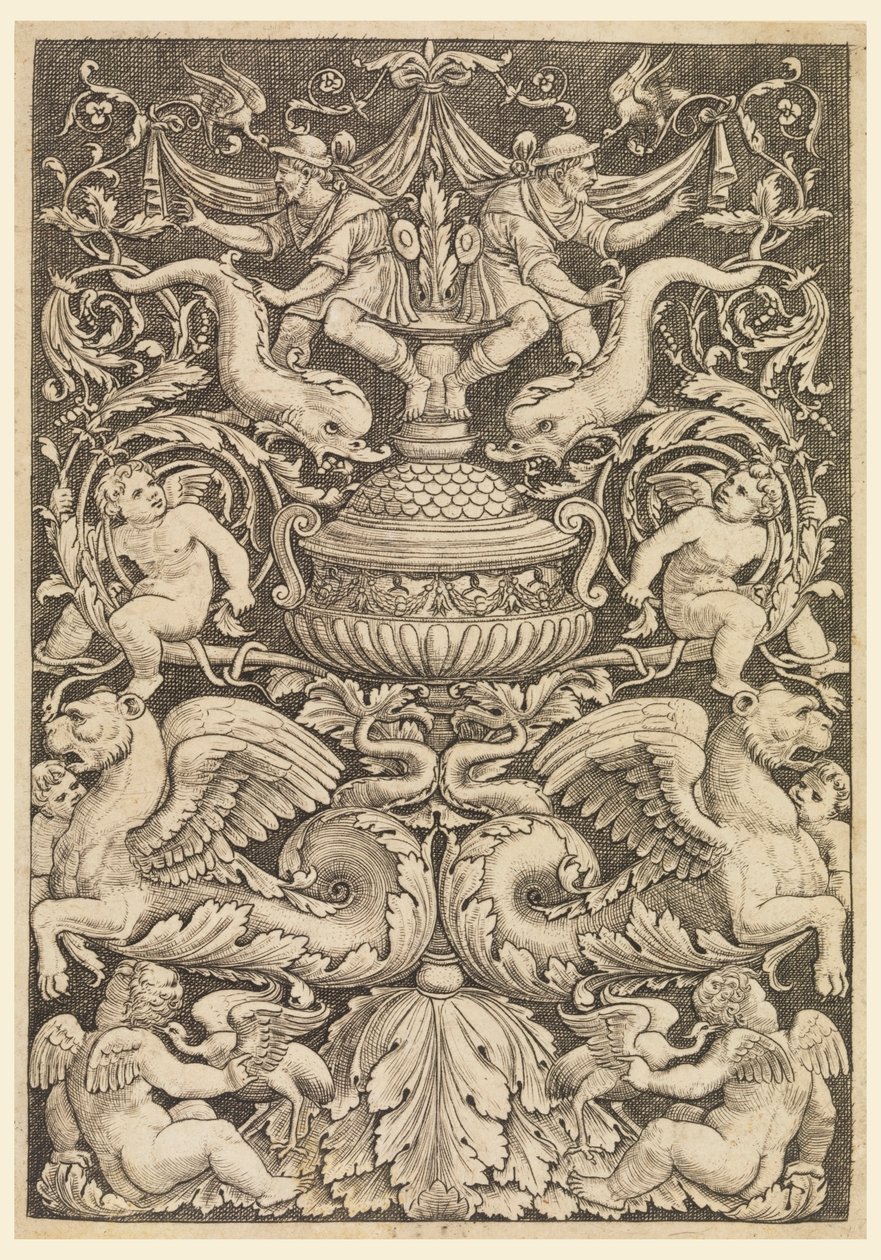 Groteska z delfinami i skrzydlatymi lwami autorstwa Master of the Die, Italian or German, 1530 1560
