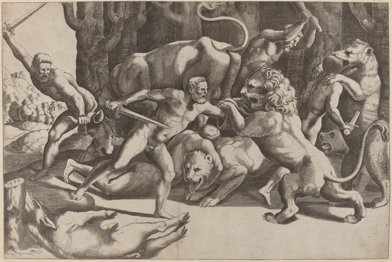 Pięciu mężczyzn walczących z bestiami autorstwa Master of the Die after Giulio Romano