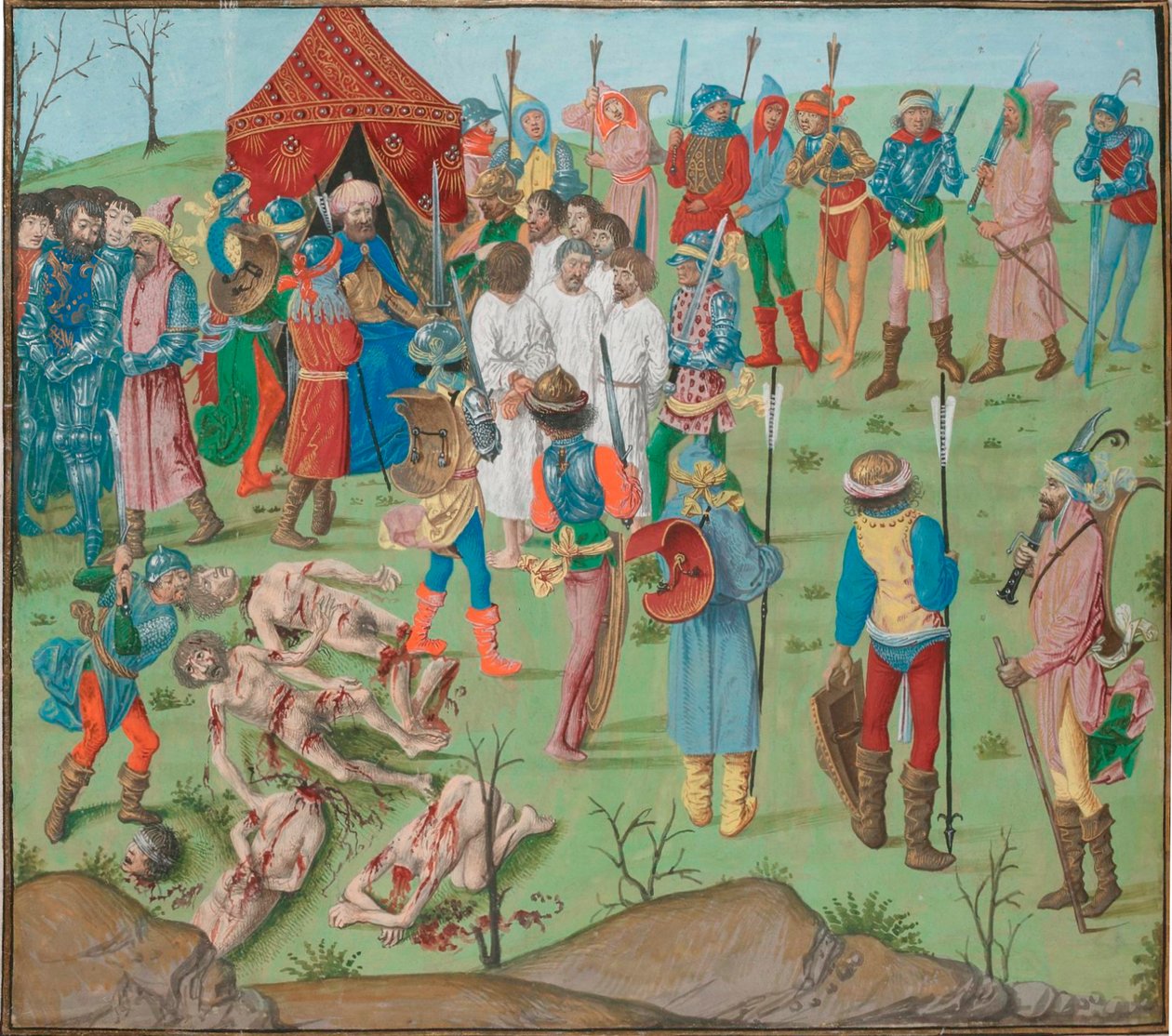 Bitwa pod Nikopolem po masakrze chrześcijan w zemście za masakrę w Rahova. Jean Froissart, Kroniki, Flandres, Brugia autorstwa Master of the Dresden Prayer Book