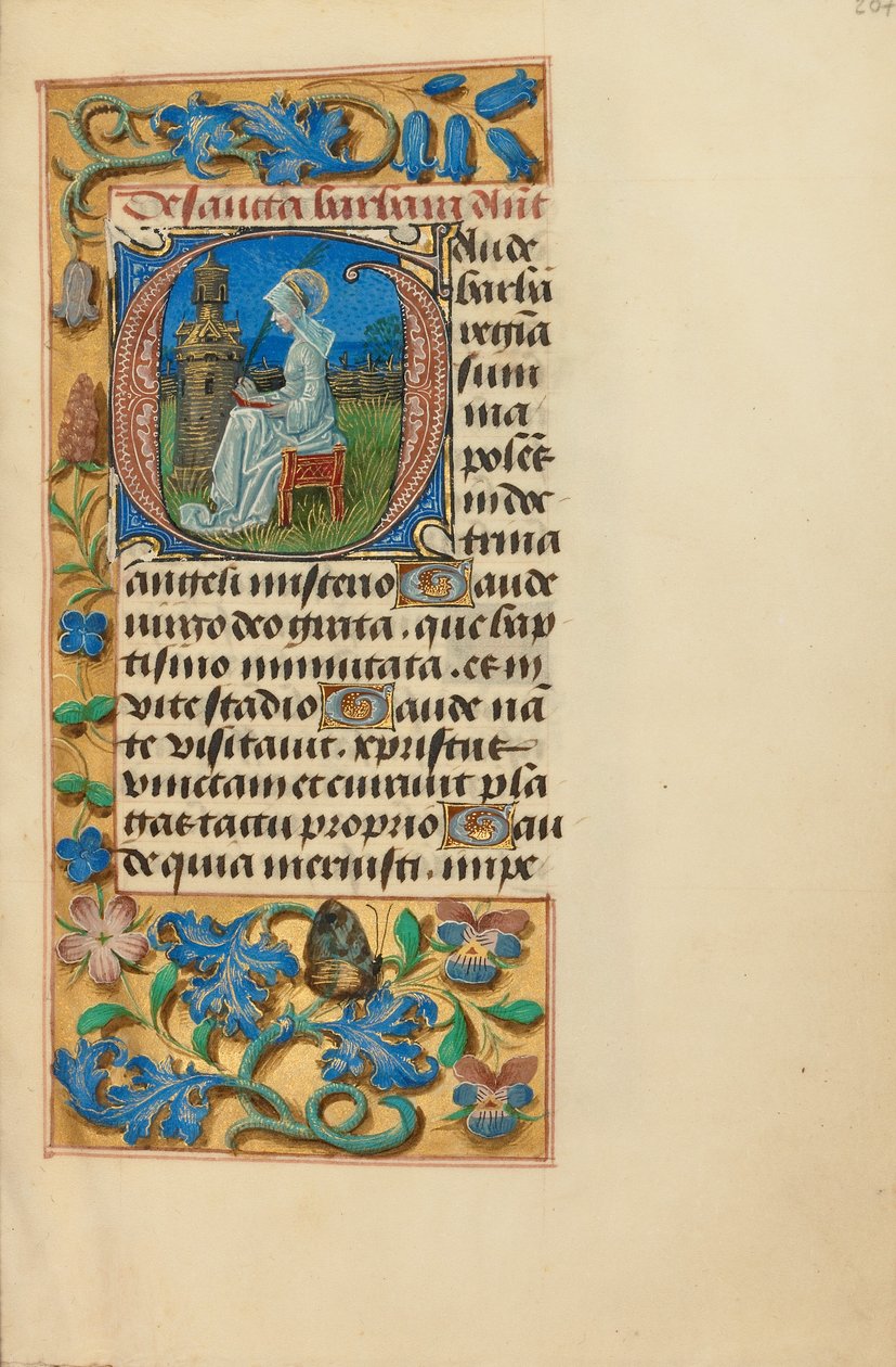 Inicjał G: Święta Barbara autorstwa Master of the Dresden Prayer Book
