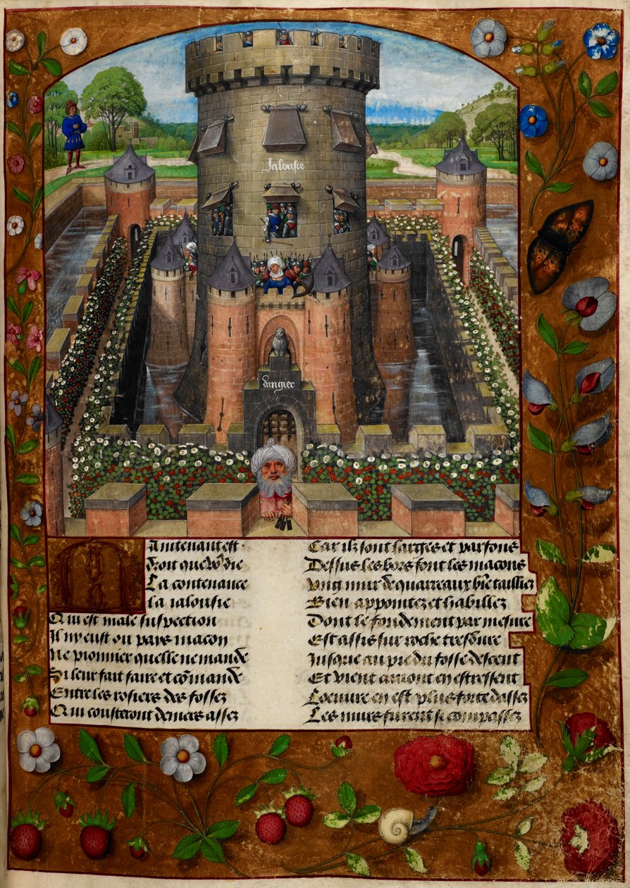 Bel Acueil (Uczciwe powitanie) uwięziony przez Jalousie (Zazdrość) w wieży strzeżonej przez żołnierzy, z „Le Roman de la Rose” autorstwa Master of the Dresden Prayer Books