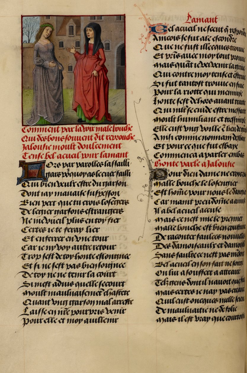 Miniatura przedstawia Jalousie (Zazdrość) rozmawiającą z Belem Accueilem (Fair Welcome) z „Le Roman de la Rose” autorstwa Master of the Dresden Prayer Books