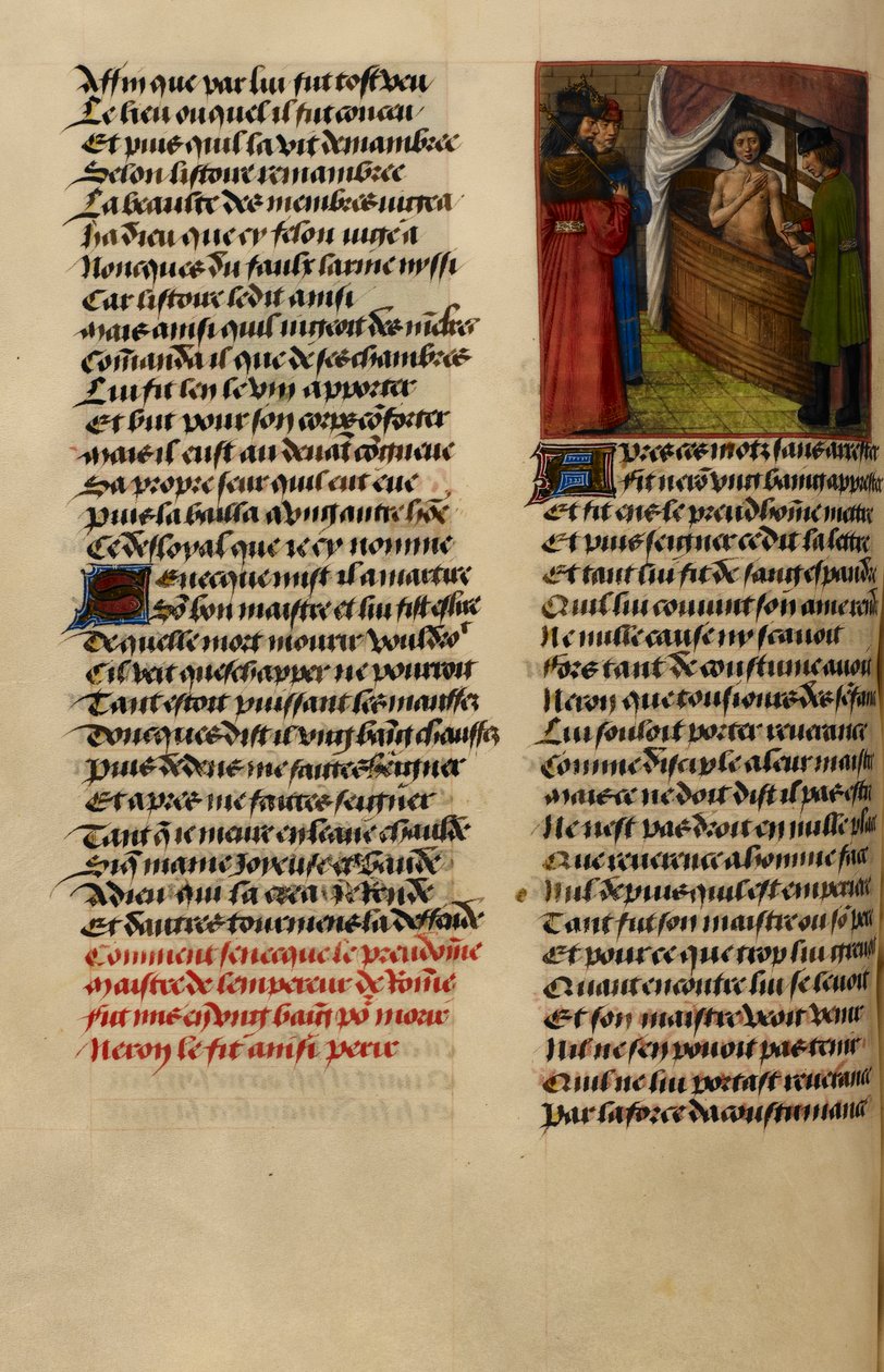 Miniatura przedstawia Nero obserwującego podcinanie nadgarstków Seneki podczas kąpieli z „Le Roman de la Rose” autorstwa Master of the Dresden Prayer Books