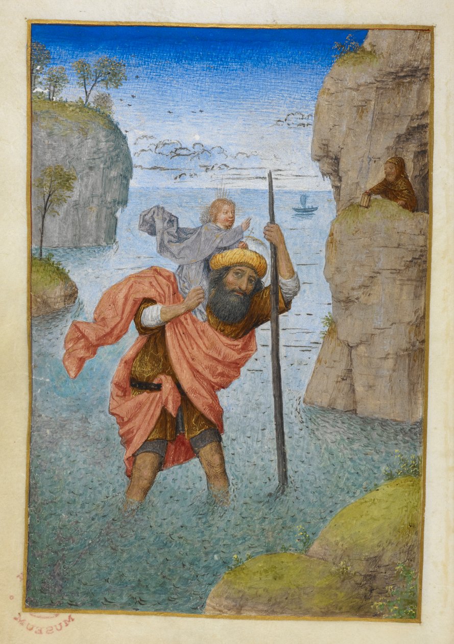 Święty Krzysztof niosący Dzieciątko Jezus. autorstwa Master of the Dresden Prayer Books