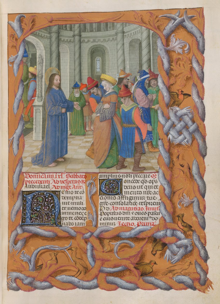Temporale (pierwsza część: od I Niedzieli Adwentu do Wielkiej Soboty). Chrystus i kobieta przyłapana na cudzołóstwie (czwarta niedziela Wielkiego Postu). autorstwa Master of the Dresden Prayer Books