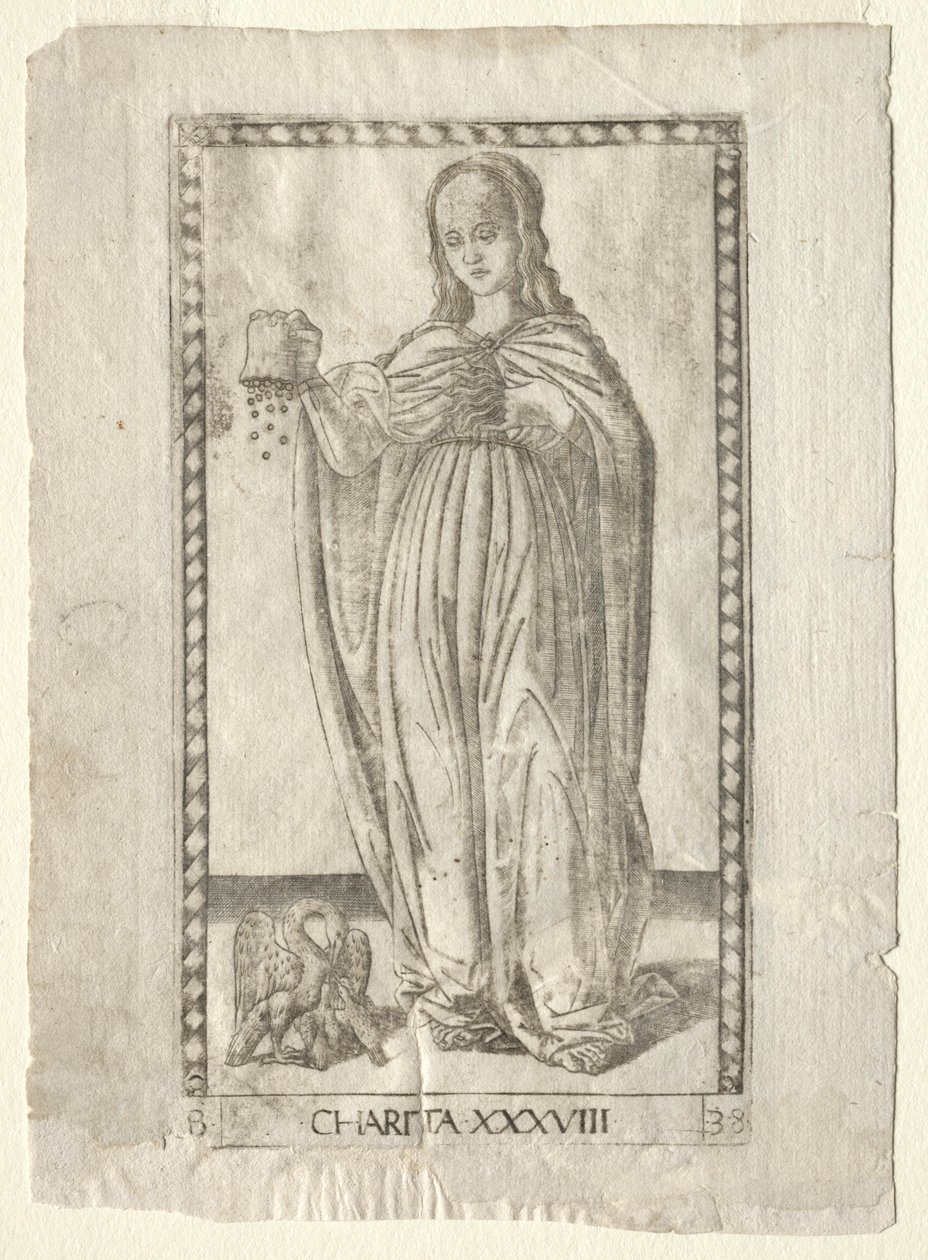 Charity from the Tarocchi, seria B: Cosmic Principles & Virtues, #38, przed 1467. autorstwa Master of the E Series Tarocchi