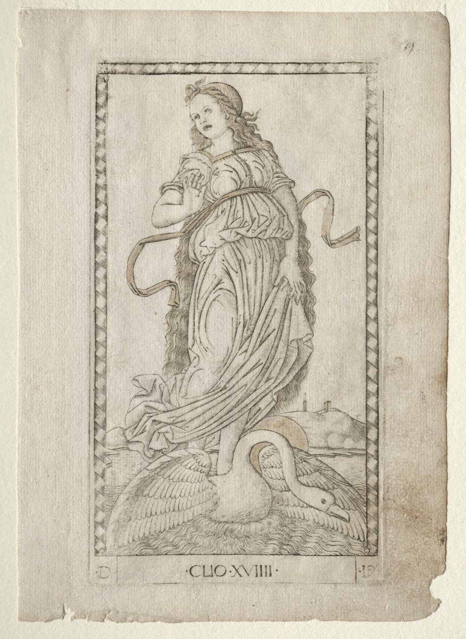 Historia Clio z serii Tarocchi D: Apollo and the Muses, #19, przed 1467. autorstwa Master of the E Series Tarocchi