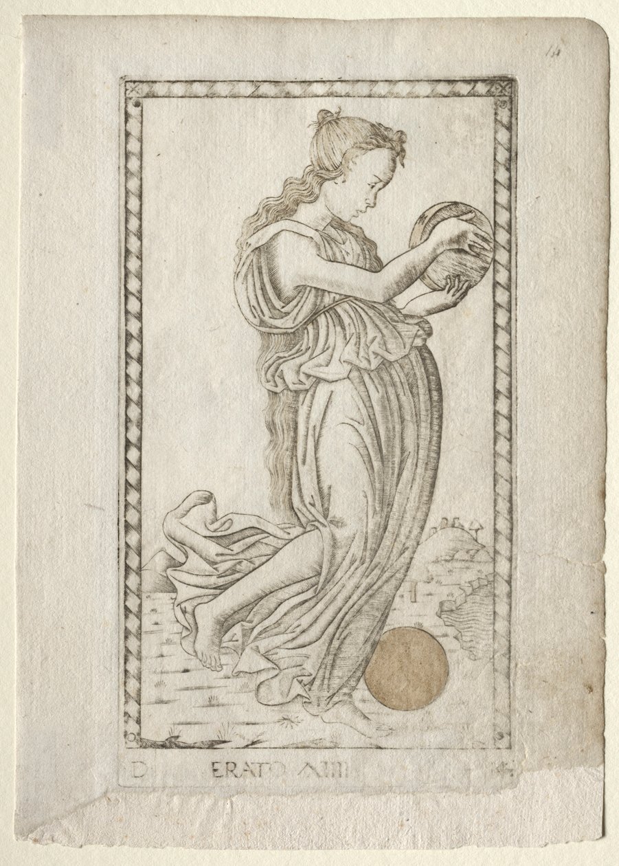 Liryka Erato i poezja miłosna z serii Tarocchi D..., przed 1467. autorstwa Master of the E Series Tarocchi