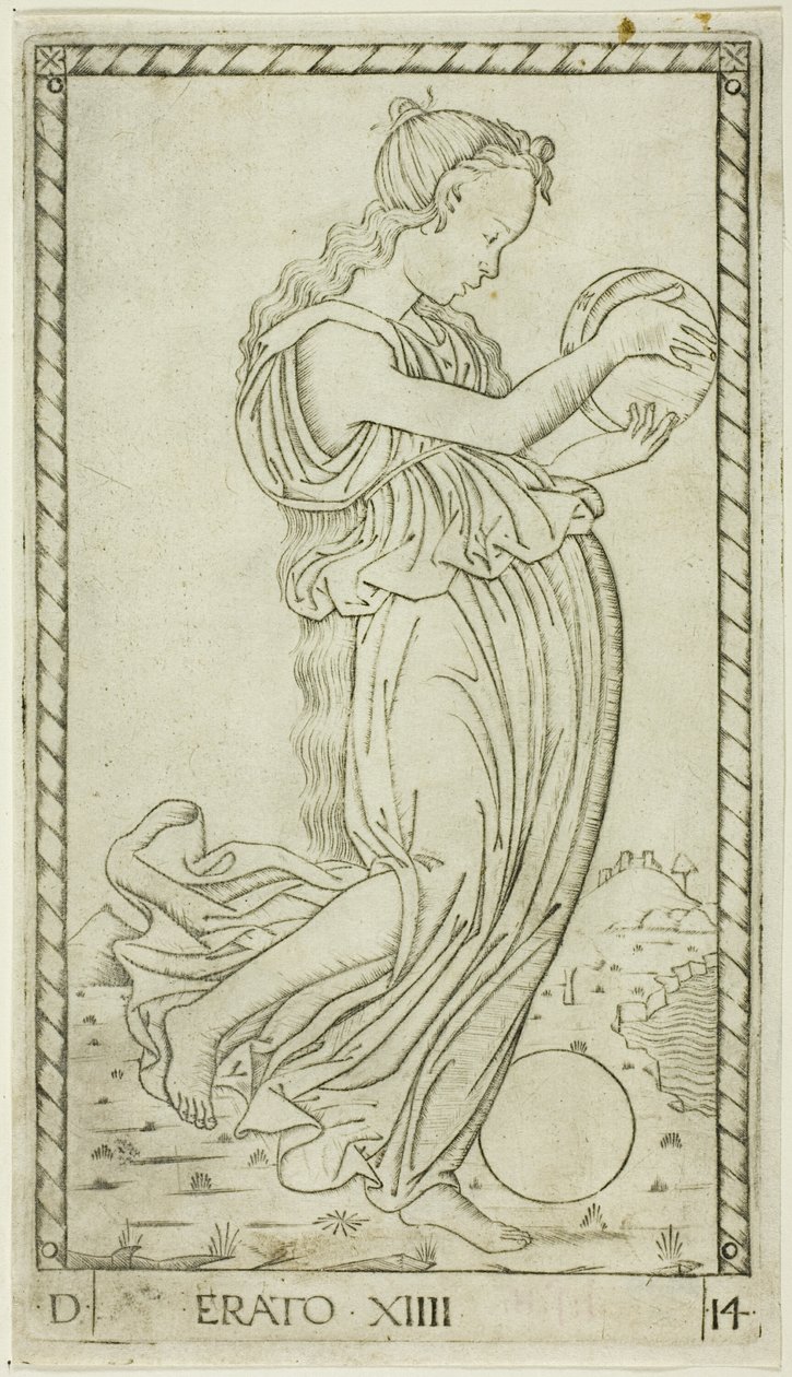 Erato, płyta czternasta z Apollo i Muz autorstwa Master of the E Series Tarocchi