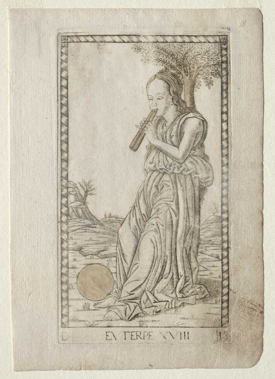 Muzyka Euterpe, liryka z serii Tarocchi D..., przed 1467. autorstwa Master of the E Series Tarocchi