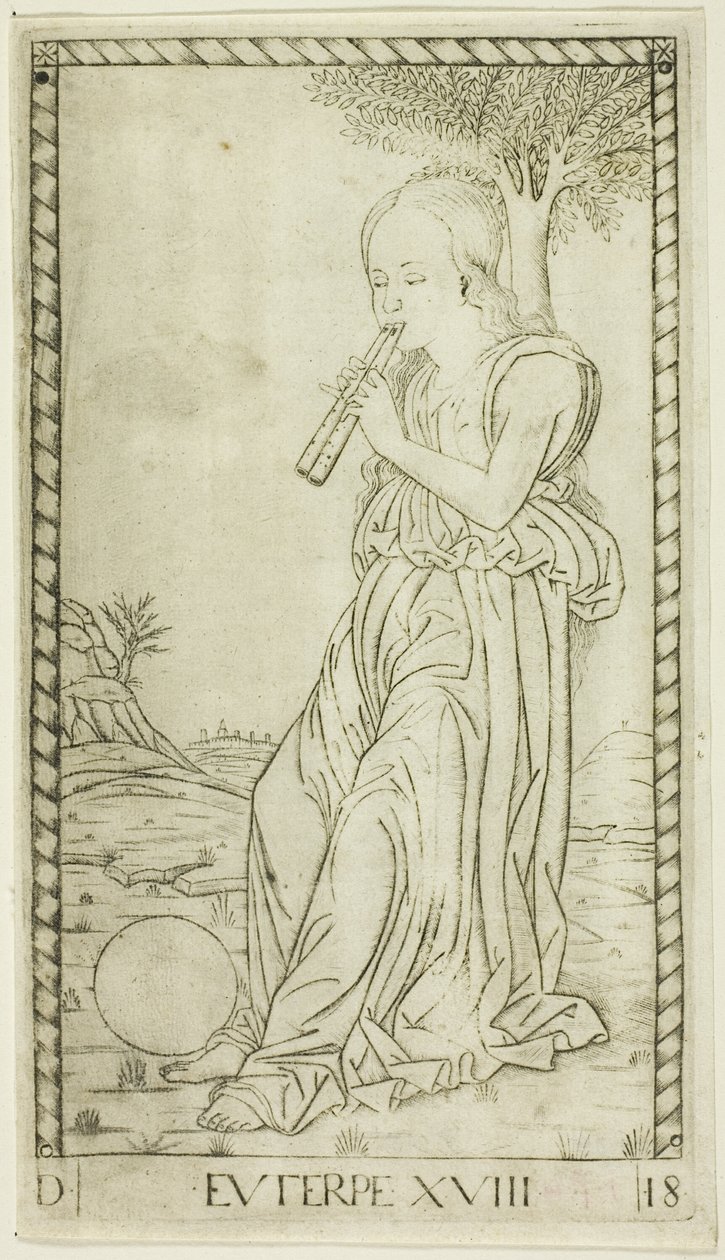 Euterpe, płyta osiemnasta z Apollo i Muz autorstwa Master of the E Series Tarocchi