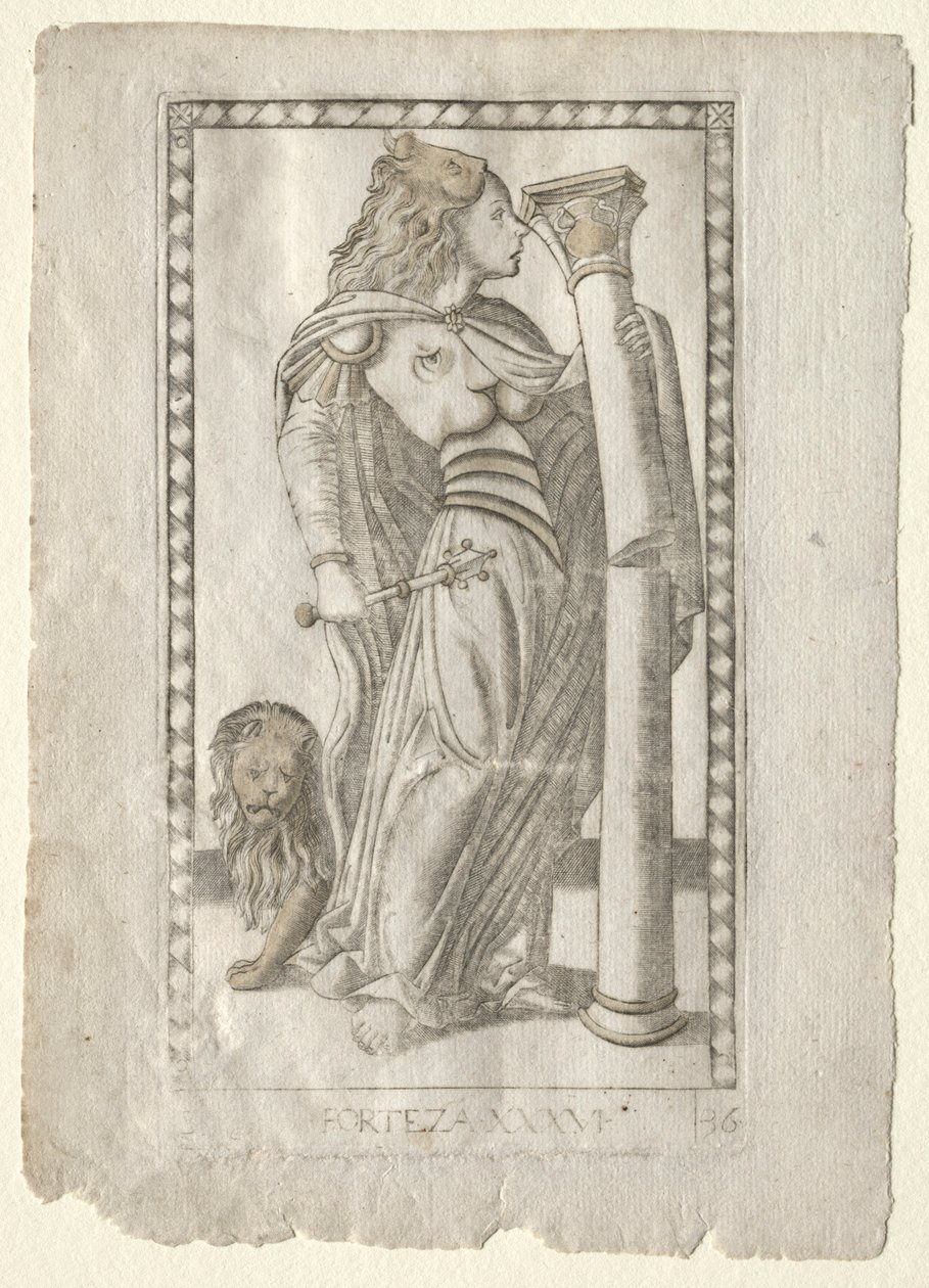 Forteza z Tarocchi, seria B: Cosmic Principles & Virtues, #36, przed 1467. autorstwa Master of the E Series Tarocchi