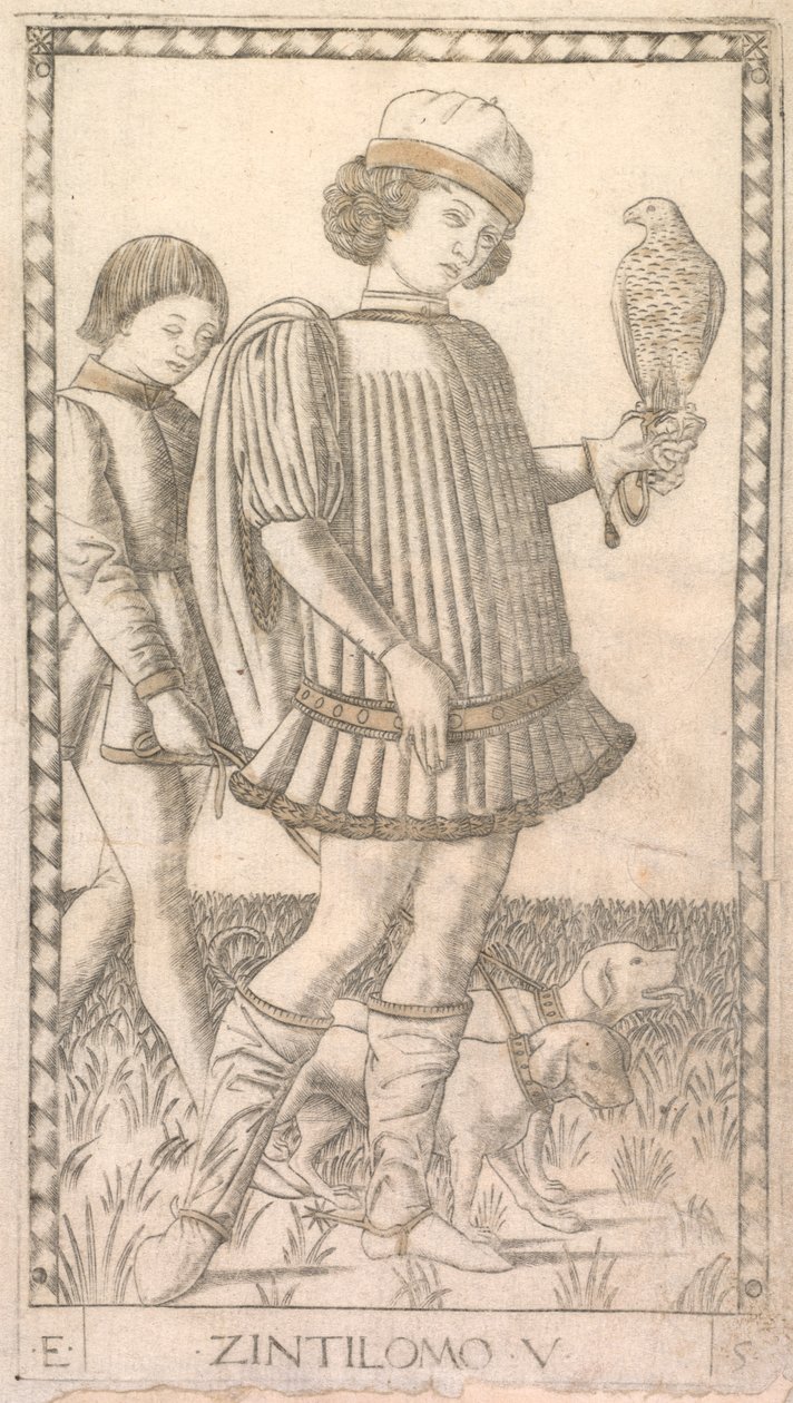 Dżentelmen z serii Tarocchi E: Uwarunkowania człowieka, #5, c. 1465. autorstwa Master of the E Series Tarocchi