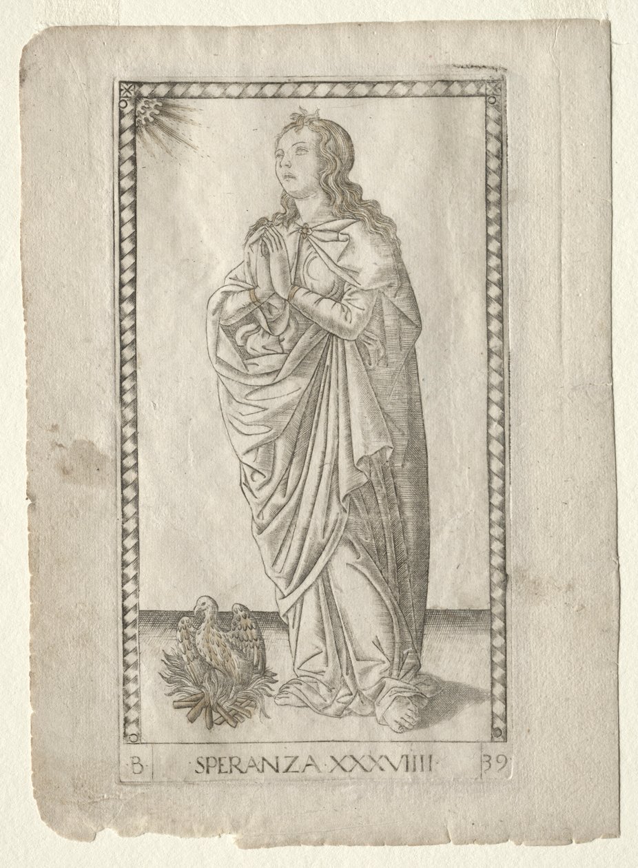 Nadzieja z Tarocchi, seria B: Cosmic Principles & Virtues, #39, przed 1467. autorstwa Master of the E Series Tarocchi