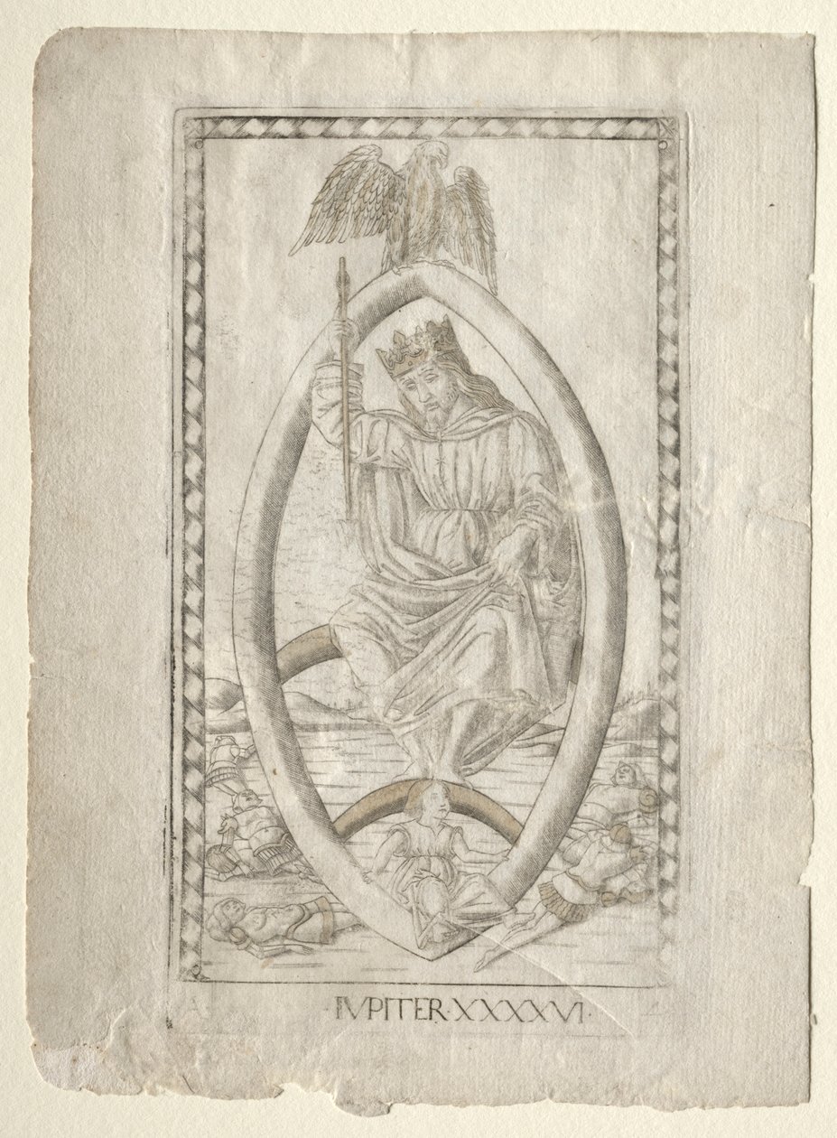 Jowisz z Tarocchi, seria A: Firmaments of the Universe, #46, przed 1467. autorstwa Master of the E Series Tarocchi