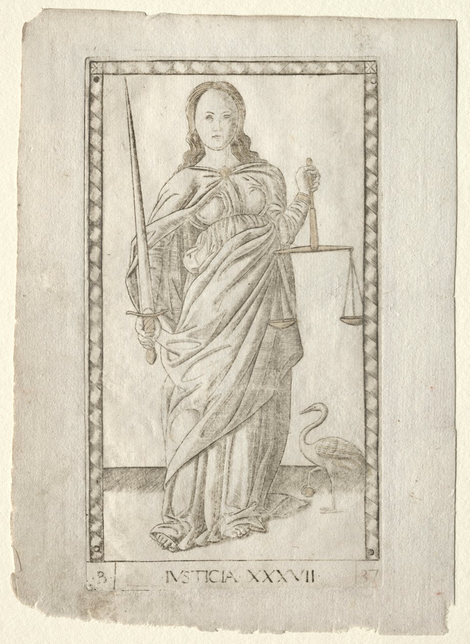 Sprawiedliwość z Tarocchi, seria B: Cosmic Principles & Virtues, #37, przed 1467. autorstwa Master of the E-Series Tarocchi