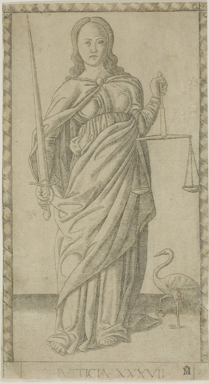 Sprawiedliwość, płyta 37 z Genii i cnót autorstwa Master of the E Series Tarocchi