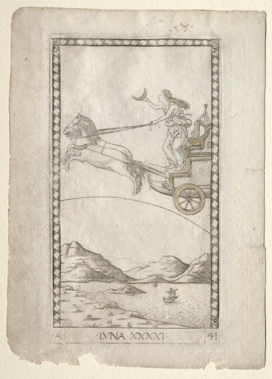 Luna z Tarocchi, seria A: Firmaments of the Universe, #41, przed 1467. autorstwa Master of the E Series Tarocchi