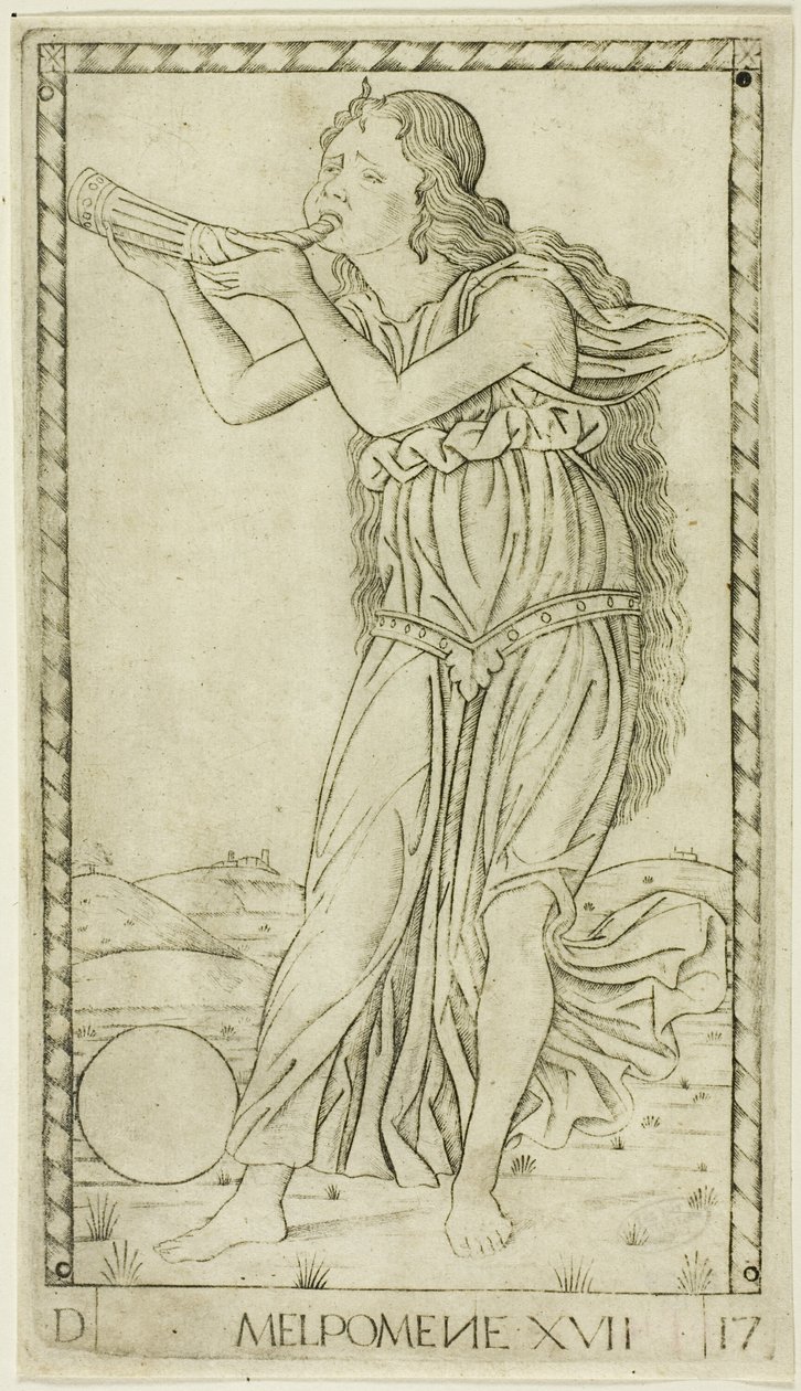 Melpomena, płyta siedemnasta z Apolla i muz autorstwa Master of the E Series Tarocchi