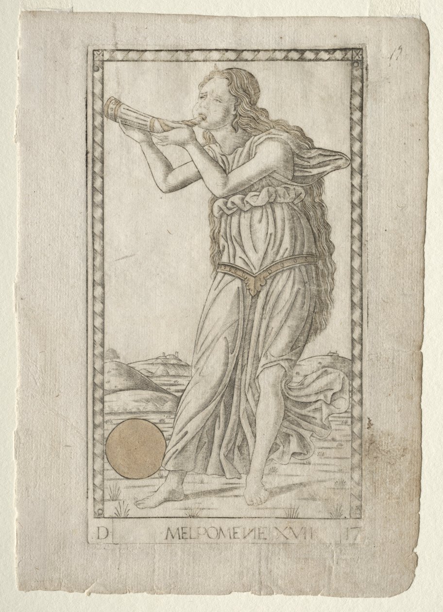 Tragedia Melpomena z serii D Tarocchi: Apollo i muzy, nr 17, przed 1467. autorstwa Master of the E Series Tarocchi