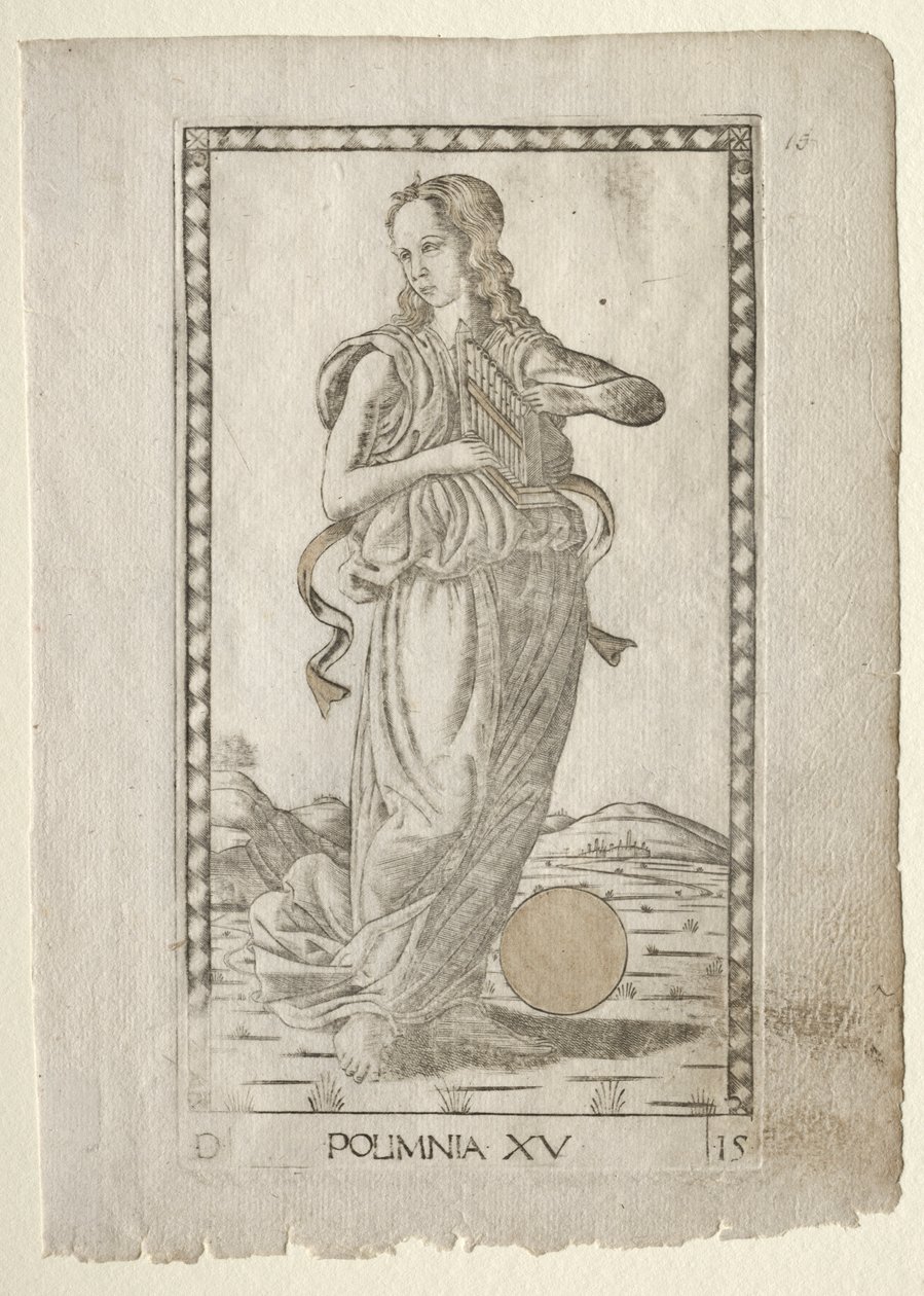 Polyhymnia (heroiczne hymny) (z serii D Tarocchi: Apollo i muzy, nr 15) autorstwa Master of the E Series Tarocchi