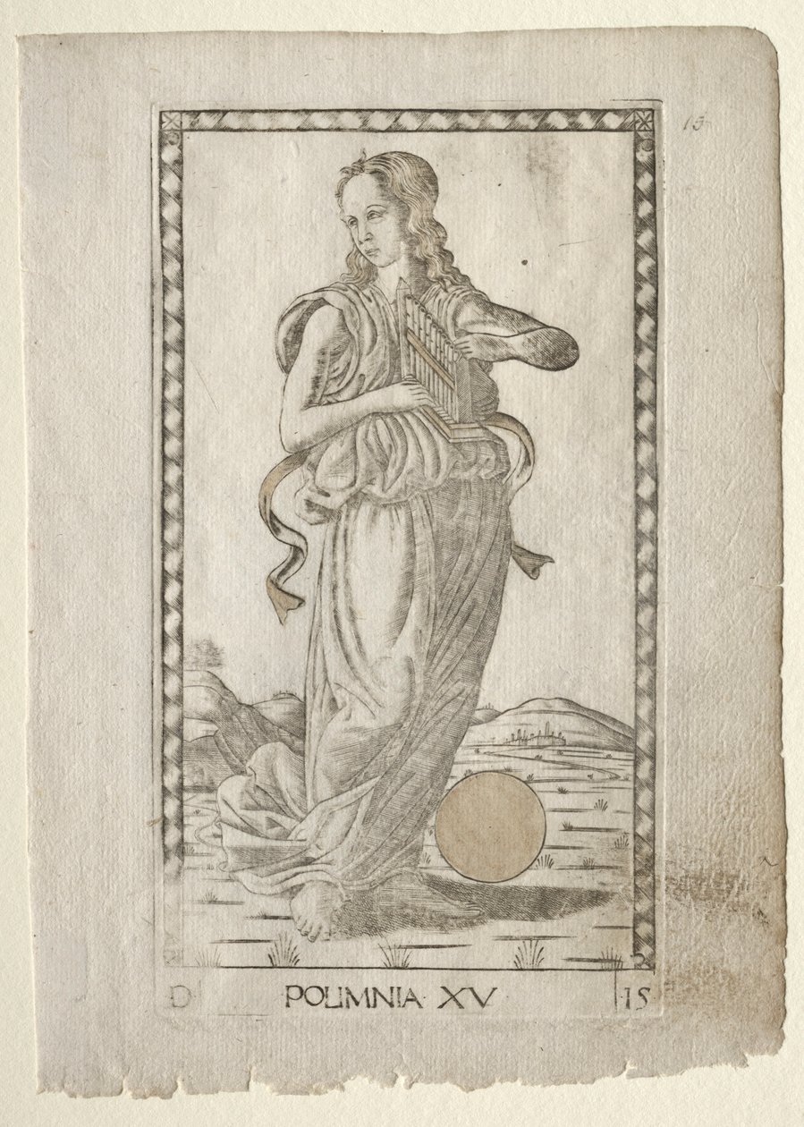 Hymny heroiczne polihymni z serii Tarocchi D..., przed 1467 r. autorstwa Master of the E Series Tarocchi