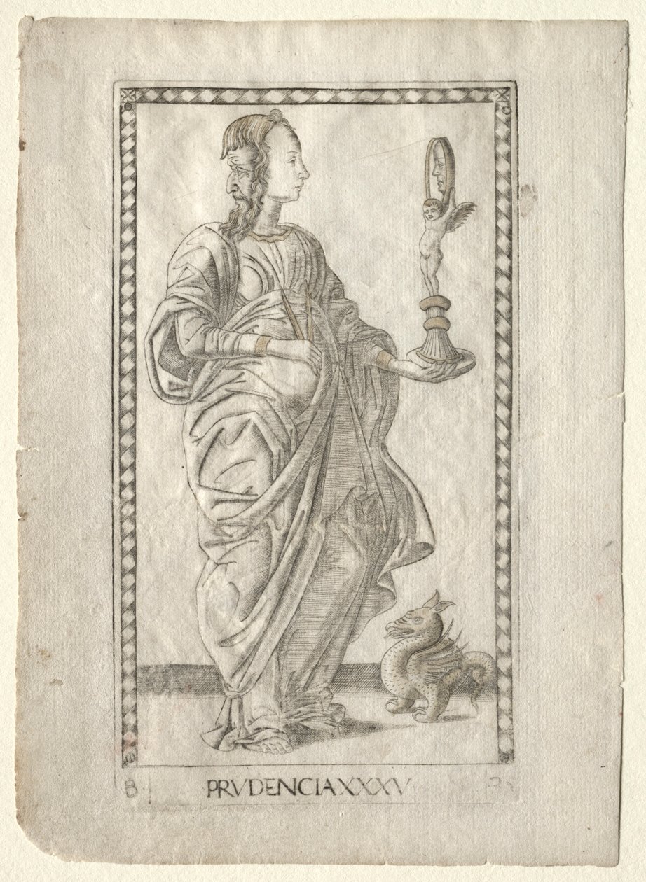 Roztropność z Tarocchi, seria B: Cosmic Principles & Virtues, #35, przed 1467. autorstwa Master of the E-Series Tarocchi