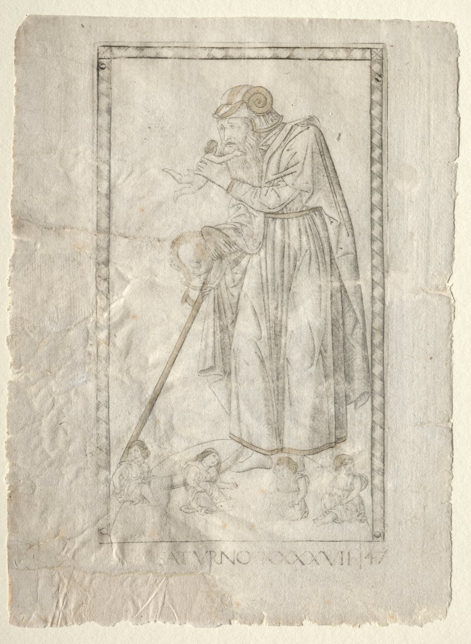 Saturn z Tarocchi, seria A: Firmaments of the Universe, #47, przed 1467. autorstwa Master of the E Series Tarocchi