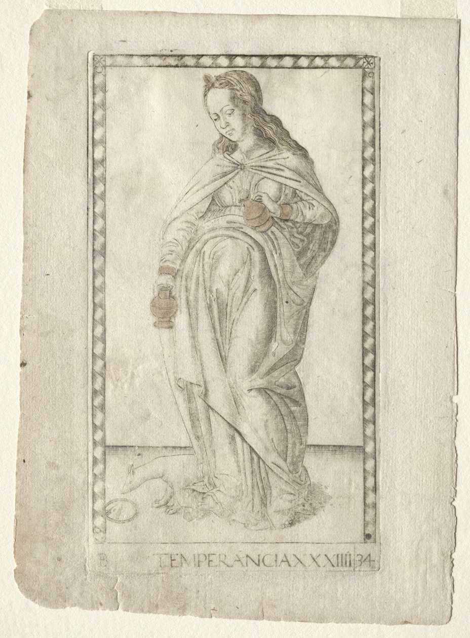 Temperance z Tarocchi, seria B: Cosmic Principles & Virtues, #34, przed 1467. autorstwa Master of the E Series Tarocchi
