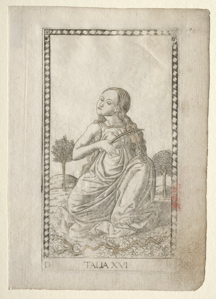 Komedia Thalia, poezja pastoralna z serii Tarocchi D..., przed 1467. autorstwa Master of the E Series Tarocchi