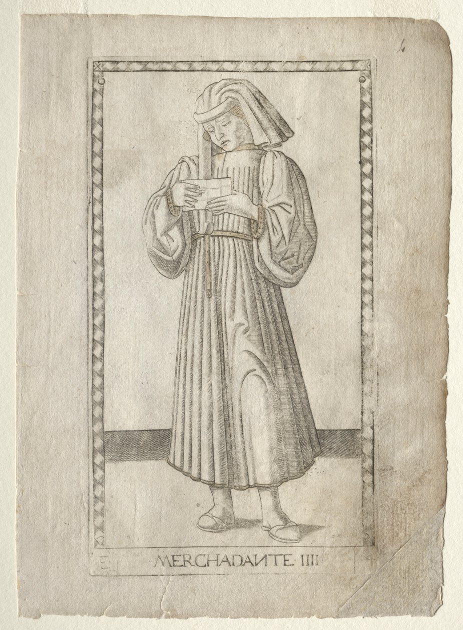 Kupiec z Tarocchi, seria E: Warunki człowieka, #4, przed 1467. autorstwa Master of the E Series Tarocchi