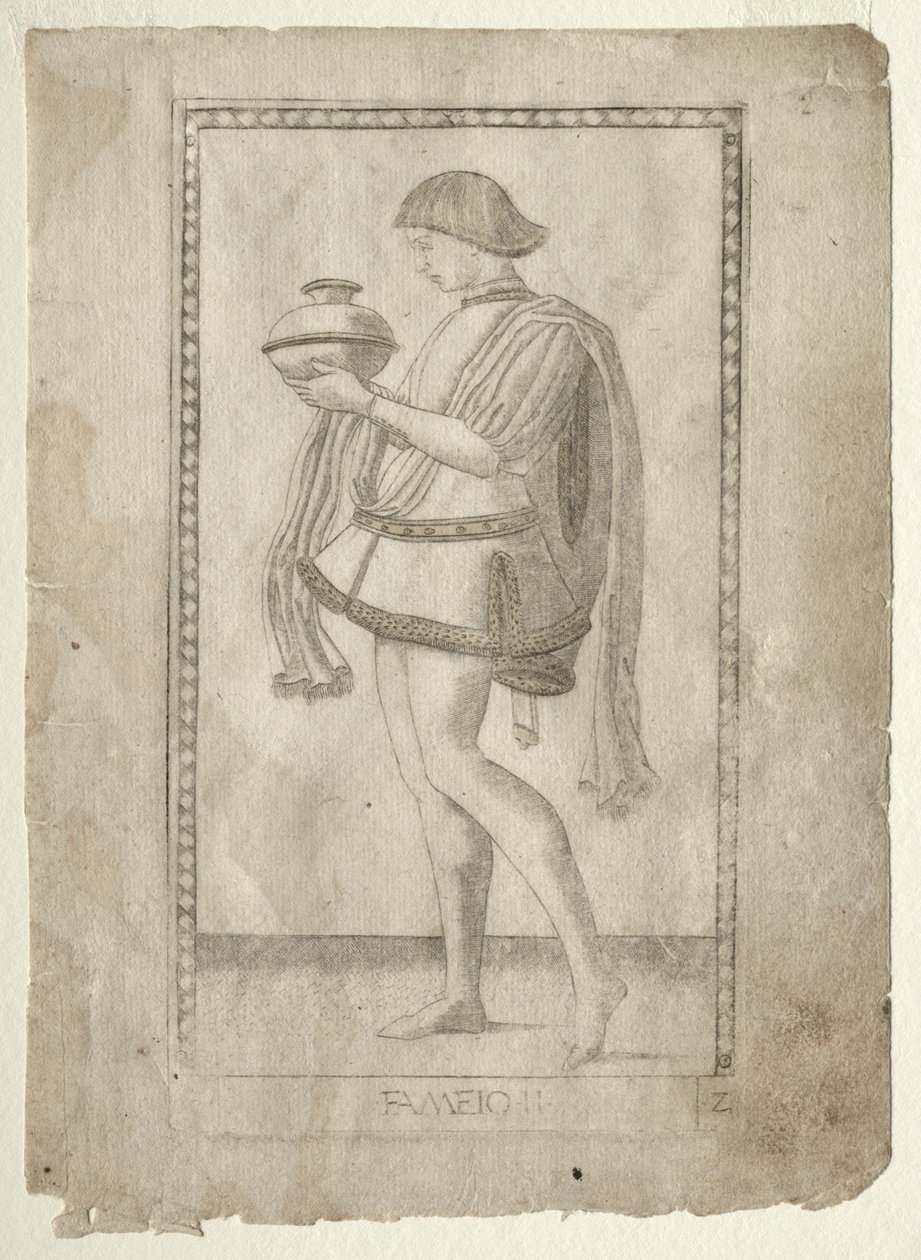 Sługa z Tarocchi, seria E: Warunki człowieka, #2, przed 1467. autorstwa Master of the E Series Tarocchi