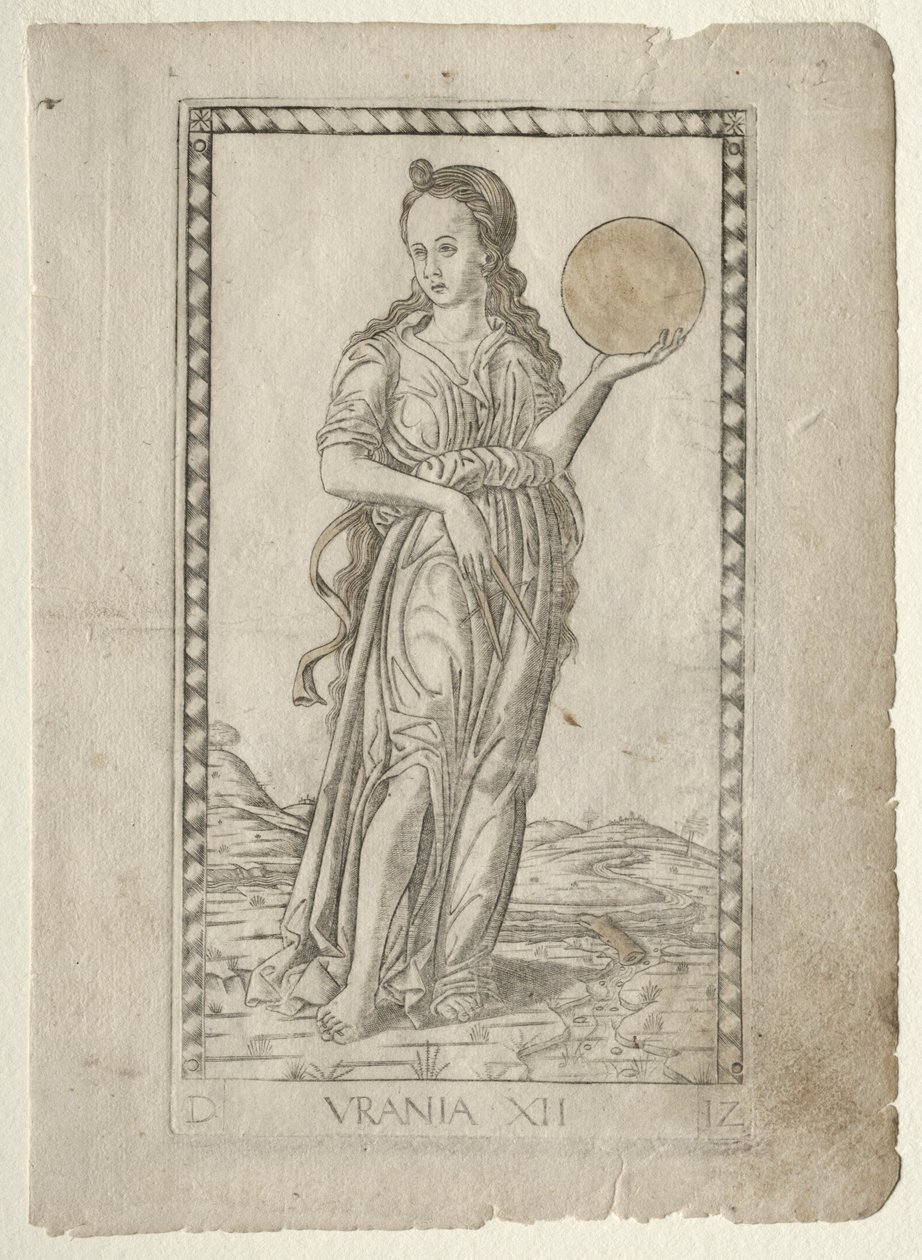 Astronomia Urania z serii Tarocchi D: Apollo and the Muses, #12, przed 1467. autorstwa Master of the E Series Tarocchi