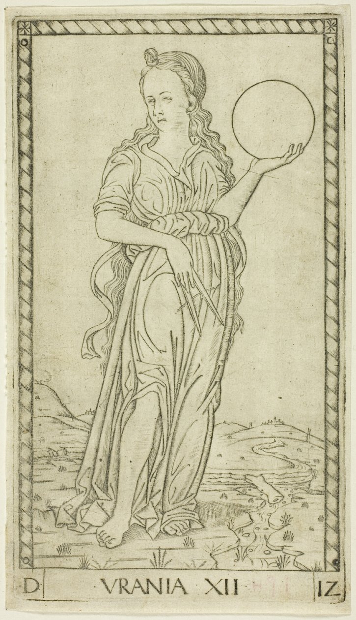 Urania, tablica dwunasta z Apollo i Muz autorstwa Master of the E Series Tarocchi